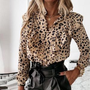 Frauen Elegante Rüschen Bluse Shirts Polka Dot Leopard Blusen Femme 2021 Sommer V ausschnitt Langarm Casual Tops Plus Größe Fra